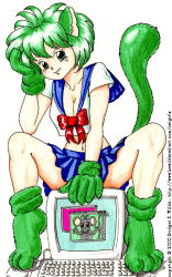 Rule 34 | 00s, 1girl, 2000, animal, animal ears, animal hands, bewildered, blue skirt, blush, bow, bowtie, breasts, cat ears, cat girl, cat tail, cleavage, collarbone, computer, gloves, green eyes, green footwear, green gloves, green hair, head rest, keyboard, looking at viewer, medium breasts, midriff, mouse (animal), navel, paw gloves, paw shoes, red bow, red bowtie, school uniform, shirt, shoes, short hair, short sleeves, sitting, skirt, smile, solo, tail, white background, white shirt