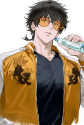 Rule 34 | 1boy, 77ho, black hair, bottle, glasses, green eyes, highres, holding, jacket, japanese clothes, long sleeves, male focus, multicolored clothes, multicolored jacket, open mouth, popped collar, round eyewear, short hair, solo, togame jou, two-tone jacket, water bottle, white background, wind breaker (nii satoru), zipper