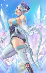 Rule 34 | 10s, 1girl, bare shoulders, blue eyes, blue hair, blue rose (tiger &amp; bunny), boots, breasts, cleavage, coe (gon2032), earrings, elbow gloves, female focus, fingernails, fingernails over gloves, gloves, gradient background, high heels, ice, jewelry, karina lyle, lipstick, makeup, matching hair/eyes, pepsi nex, pointing, product placement, realistic, shoes, short hair, solo, superhero costume, thigh boots, thighhighs, tiger &amp; bunny