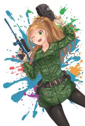 Rule 34 | 10s, 1girl, absurdres, alternate costume, black pantyhose, blush, breasts, brown hair, camouflage, collarbone, cowboy shot, fingerless gloves, gloves, green eyes, gun, highres, hino akane (idolmaster), holding, holding gun, holding weapon, idolmaster, idolmaster cinderella girls, kamille (vcx68), long hair, looking at viewer, medium breasts, nail polish, one eye closed, open mouth, paint, paintball, pantyhose, ponytail, smile, solo, teeth, weapon, white gloves, yellow nails