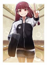 Rule 34 | 1girl, black jacket, black shorts, border, cowboy shot, grin, hand up, highres, holding, indoors, jacket, long hair, long sleeves, looking at viewer, multicolored clothes, multicolored jacket, nire hikari, pbn (user cdey3224), red eyes, red hair, scrunchie, short shorts, shorts, side ponytail, smile, solo, sparkle, two-tone jacket, v, white border, white jacket, world trigger
