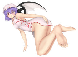 Rule 34 | 1girl, :o, alternate costume, animal print, ass, bare legs, barefoot, bat print, bat wings, breasts, china dress, chinese clothes, cookin, covered erect nipples, dress, feet, full body, hat, looking at viewer, medium breasts, mob cap, no panties, open mouth, remilia scarlet, short hair, simple background, soles, solo, toes, touhou, white background, wings