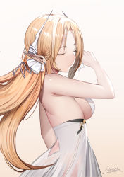 Rule 34 | 1girl, azur lane, back, blonde hair, breasts, brest (azur lane), chinese commentary, dress, ear piercing, closed eyes, from side, heatia, highres, long hair, medium breasts, piercing, pointy ears, signature, simple background, strapless, strapless dress, white background, white dress