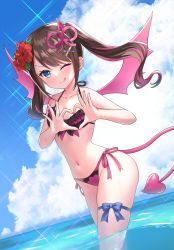 Rule 34 | 1girl, ;), bettle (b s a n), bikini, black bikini, blue bow, blue sky, bow, brown hair, day, demon girl, demon tail, flower, hair flower, hair ornament, hairclip, heart, heart hands, hibiscus, highres, monster company, multicolored hair, navel, one eye closed, outdoors, pink bikini, pink hair, pink wings, side-tie bikini bottom, sky, smile, sparkle, streaked hair, swimsuit, tail, thigh bow, tongue, tongue out, twintails, two-tone bikini, virtual youtuber, wading, wings