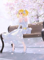 Rule 34 | 1girl, absurdres, bare shoulders, bench, blonde hair, bow, breasts, character request, choker, collarbone, commentary, commission, day, dress, dungeon and fighter, egk513, elbow gloves, falling petals, flower, gloves, hair bow, hand on own chest, hand up, high heels, highres, light blush, outdoors, park bench, parted lips, petals, pumps, red eyes, sash, short hair, short twintails, sitting, small breasts, solo, strapless, strapless dress, twintails, wedding dress, white bow, white choker, white dress, white flower, white footwear, white gloves, yellow sash