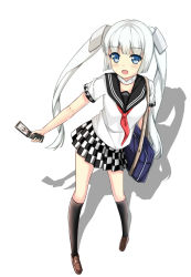 Rule 34 | 10s, 1girl, bag, black legwear, blue eyes, blush, collar, female focus, itachi kanade, looking at viewer, miss monochrome, miss monochrome (character), open mouth, phone, school uniform, serafuku, shadow, short sleeves, simple background, skirt, solo, twintails, white background