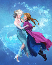 Rule 34 | 2girls, anna (frozen), bare shoulders, black footwear, blue background, blue dress, boots, braid, brown hair, cape, disney, dress, elsa (frozen), eyeshadow, frozen (disney), full body, hand on another&#039;s arm, heart, high heels, highres, holding hands, long sleeves, looking at another, makeup, maya sawamura anderson, multiple girls, official style, princess, queen, see-through, sequins, siblings, side slit, single braid, sisters, smile, snowflakes, sparkle, strapless, strapless dress, twin braids