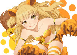 Rule 34 | 10s, 1girl, :q, animal costume, animal ears, animal hands, armlet, bare shoulders, bell, blonde hair, claws, collarbone, face, gloves, hitoto, idolmaster, idolmaster cinderella girls, jingle bell, jougasaki rika, kneeling, lion ears, lion tail, long hair, midriff, navel, orange theme, paw gloves, shorts, solo, striped clothes, striped thighhighs, tail, tail bell, tail ornament, thighhighs, tongue, tongue out, two side up, yellow eyes