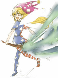Rule 34 | 1girl, american flag dress, american flag legwear, blonde hair, blush stickers, clownpiece, collar, fairy wings, frilled collar, frilled shirt collar, frills, full body, hat, jester cap, long hair, looking at viewer, open mouth, orange eyes, pantyhose, polka dot, shirt, short sleeves, simple background, sketch, solo, star (symbol), torch, touhou, tsuji kazuho, very long hair, white background, wings