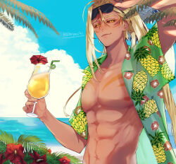 Rule 34 | 1boy, absurdres, alternate costume, ananas dragon cookie, artist name, blonde hair, cloud, cocktail, cocktail glass, commentary, cookie run, cup, drinking glass, highres, humanization, long hair, looking at viewer, male focus, nekoyasiki33, palm tree, pineapple print, smile, solo, sunglasses, tan, tree