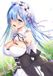 Rule 34 | 10s, 1girl, :d, absurdres, alternate breast size, alternate hair length, alternate hairstyle, apron, arms behind back, black dress, black ribbon, blue eyes, blue hair, blurry, blurry background, blush, bow, breasts, cleavage, commentary request, cowboy shot, day, detached collar, detached sleeves, dress, eyes visible through hair, flower, frills, grass, hair ornament, hair over one eye, hair ribbon, hairband, hairclip, highres, large breasts, long hair, long sleeves, maid, navy (navy.blue), neck ribbon, open mouth, outdoors, petals, pink flower, purple ribbon, re:zero kara hajimeru isekai seikatsu, rem (re:zero), ribbon, shiny skin, smile, solo, straight hair, underbust, very long hair, waist apron, white apron, white bow, x hair ornament
