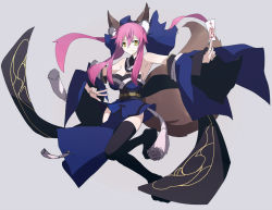Rule 34 | 10s, 1girl, animal ear fluff, animal ears, armpits, bad id, bad pixiv id, bare shoulders, black thighhighs, breasts, cleavage, detached sleeves, fate/extra, fate (series), fox ears, fox tail, grey background, hair ribbon, japanese clothes, long hair, looking at viewer, pink hair, ribbon, simple background, smile, solo, tail, tamamo (fate), tamamo no mae (fate/extra), thighhighs, twintails, vane (vane0)