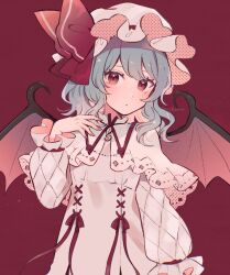 Rule 34 | 1girl, adapted costume, bat wings, blue hair, blush, capelet, commentary, dress, fingernails, frilled sleeves, frills, hat, hat ribbon, long sleeves, mob cap, mozukuzu (manukedori), nail polish, red background, red eyes, red nails, red ribbon, remilia scarlet, ribbon, short hair, simple background, solo, touhou, twitter username, upper body, white capelet, white dress, white hat, wings