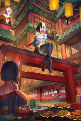 Rule 34 | 5girls, :d, absurdres, bandages, bandeau, bare shoulders, black footwear, black hair, black kimono, black skirt, boots, chest sarashi, commentary request, elbow gloves, fingerless gloves, food, gloves, gourd, high heel boots, high heels, highres, holding, horns, japanese clothes, kagurachi, kimono, long hair, mask on shoulder, midriff, multicolored hair, multiple girls, off shoulder, open mouth, original, purple eyes, red gloves, sarashi, sitting, skirt, smile, split-color hair, stomach, strapless, thigh boots, tomoe (kagurachi), tube top, white hair
