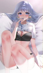 Rule 34 | 1girl, absurdres, alternate costume, alternate hairstyle, ayaka (genshin impact), bare back, bed sheet, black bra, black panties, blue eyes, blue hair, blush, bra, breasts, cleavage, clothes lift, commentary request, educk, embarrassed, genshin impact, hair ribbon, hair tubes, highres, holding, holding own hair, knees up, large breasts, light blue hair, looking at viewer, mole, mole under eye, on bed, panties, pink ribbon, ribbon, shirt, shirt lift, short sleeves, sidelocks, sitting, solo, underwear, white shirt