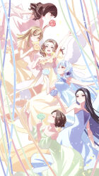 Rule 34 | 6+girls, :d, arm at side, arm up, bare arms, bare shoulders, black hair, black ribbon, blonde hair, blue dress, blue eyes, blue flower, blue ribbon, blue rose, blunt bangs, blunt ends, breasts, brown hair, closed eyes, closed mouth, commentary, daiba nana, detached sleeves, dress, falling petals, flower, forehead, frilled dress, frills, green dress, green eyes, green flower, green ribbon, green rose, grey hair, hair down, hair over shoulder, hair ribbon, halter dress, halterneck, hand on own chest, hand up, hands up, highres, holding, holding flower, honami hisame, light particles, long hair, looking ahead, looking at another, looking down, looking up, medium breasts, midair, minase suzu, multiple girls, off-shoulder dress, off shoulder, open mouth, orange ribbon, outstretched arm, parted bangs, petals, profile, puffy detached sleeves, puffy short sleeves, puffy sleeves, purple eyes, purple ribbon, red flower, red ribbon, red rose, ribbon, rose, short hair, short sleeves, shoujo kageki revue starlight, skirt hold, sleeveless, sleeveless dress, smile, strapless, strapless dress, tareko, very long hair, wavy hair, white background, white dress, white flower, white rose, white wings, wings, yakumo kyouko, yanagi koharu, yellow dress, yellow flower, yellow rose, yukishiro akira