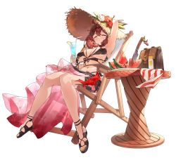 Rule 34 | 1girl, absurdres, ahoge, bag, bikini, breasts, brown hair, closed eyes, crossed bangs, cup, expressionless, food, fruit, full body, guardian tales, hat, highres, holding, holding cup, large breasts, medium hair, navel, official alternate costume, official art, sleeveless, solo, straw hat, summer innkeeper loraine, swimsuit, transparent background, watermelon