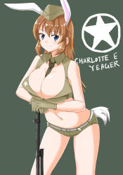 Rule 34 | 1girl, absurdres, animal ears, bare shoulders, belt, between breasts, blue eyes, blush, breasts, browning automatic rifle, character name, charlotte e. yeager, crop top, garrison cap, gloves, green background, green gloves, gun, hat, highres, hiroshi (hunter-of-kct), large breasts, long hair, military, military uniform, navel, necktie, necktie between breasts, orange hair, rabbit ears, rabbit girl, rabbit tail, short shorts, shorts, simple background, skindentation, sleeveless, smile, solo, star (symbol), strike witches, tail, uniform, weapon, world witches series