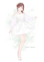 Rule 34 | 1girl, arm at side, bare shoulders, brown eyes, brown hair, character name, closed mouth, collar, commentary request, dress, earrings, floral print, flower, flower hairband, full body, green background, hair flower, hair ornament, hand up, haruneharu, high heels, highres, ishitobi erika, jewelry, light smile, long sleeves, looking at viewer, medium hair, off-shoulder dress, off shoulder, pendant, print dress, puffy long sleeves, puffy sleeves, pumps, real life, short dress, sleeves past wrists, solo, standing, toeless footwear, two-tone background, voice actor, white background, white collar, white dress, white flower, white footwear