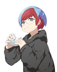 Rule 34 | 1girl, :t, black hoodie, blue hair, closed mouth, commentary request, creatures (company), eating, food, game freak, glasses, grey eyes, hands up, holding, holding food, hood, hood down, hoodie, long sleeves, looking to the side, mochi, multicolored hair, nintendo, penny (pokemon), pokemon, pokemon sv, red hair, round eyewear, solo, tonu (aobatonu), two-tone hair, upper body, white background