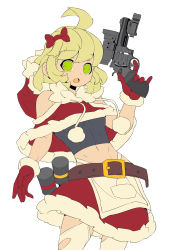 Rule 34 | 1girl, abs, absurdres, ahoge, apron, bare shoulders, belt, bow, breasts, fengmo, fur trim, gloves, green eyes, gun, hair bow, handgun, highleg, highres, holding, holding gun, holding weapon, hood, laser sight, medium hair, navel, open mouth, original, pinky out, red bow, red gloves, red skirt, revolver, scope, simple background, skirt, small breasts, solo, thighhighs, thong, torn clothes, torn thighhighs, unfinished, waist apron, weapon, weapon request, white background, white thighhighs
