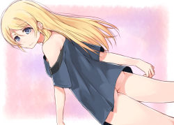Rule 34 | 10s, alternate hairstyle, ass, ayase eli, bad id, bad pixiv id, bare shoulders, blonde hair, blue eyes, blush, bottomless, grey shirt, long hair, looking at viewer, love live!, love live! school idol project, no panties, nyoijizai, off shoulder, oversized clothes, oversized shirt, shirt, smile, solo