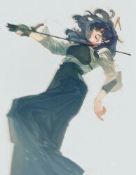 Rule 34 | 1girl, absurdres, arrow (projectile), arrow through neck, asahina mafuyu, black skirt, bleeding, blood, blue hair, chinese commentary, closed mouth, commentary request, feet out of frame, floating hair, from side, genzaw, gloves, grey background, hair ribbon, hakama, hakama skirt, highres, hip vent, holding, holding arrow, injury, japanese clothes, lens flare, light smile, long hair, long sleeves, muneate, partially fingerless gloves, partly fingerless gloves, project sekai, ribbon, single glove, skirt, solo, yellow ribbon, yugake