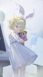 Rule 34 | 1girl, absurdres, aged down, agwing86, air bubble, blonde hair, bubble, dress, hair ornament, hairclip, highres, holding, holding stuffed toy, kagamine rin, short hair, solo, stuffed animal, stuffed toy, underwater, vocaloid, white dress