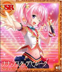 Rule 34 | armpits, artist request, fang, long hair, microphone, midriff, nana asta deviluke, navel, one eye closed, outstretched arm, pink eyes, pink hair, shirt, skirt, sleeveless, sleeveless shirt, smile, solo, sparkle, tail, to love-ru, to love-ru darkness: idol revolution, twintails