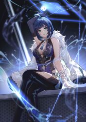 Rule 34 | absurdres, alexistwo2, asymmetrical gloves, bead choker, blue eyes, blue hair, bob cut, crossed legs, diagonal bangs, dice, feather-trimmed jacket, feather collar, genshin impact, gloves, highres, jewelry, mismatched gloves, neck tassel, necklace, tassel, water, yelan (genshin impact)
