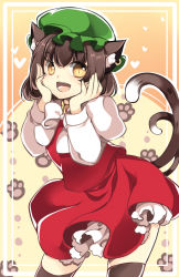 Rule 34 | 1girl, animal ears, arched back, bad id, bad pixiv id, bow, brown hair, cat ears, cat girl, cat tail, chen, earrings, female focus, hands on own face, hat, heart, jewelry, open mouth, orange eyes, paw print, roh nam kyung, solo, tail, thighhighs, touhou, zettai ryouiki