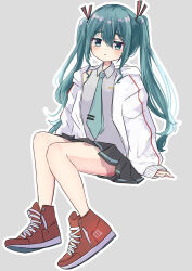 Rule 34 | 1girl, aqua eyes, aqua hair, bare legs, bare shoulders, black skirt, blue necktie, blush, commentary, fish, grey background, grey shirt, hair between eyes, hair ornament, hatsune miku, high tops, highres, jacket, jitome, kanzuki tsunane, long hair, looking at viewer, necktie, open clothes, open jacket, outline, pleated skirt, ribbed sleeves, shirt, shoes, simple background, sitting, skirt, sleeveless, sleeveless shirt, sneakers, solo, thighhighs, thighs, triangle mouth, twintails, untied footwear, vocaloid, white outline