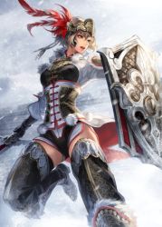 Rule 34 | 1girl, action, artist request, breasts, dynasty tactics, feather hair ornament, feathers, gauntlets, hair ornament, holding, holding shield, holding sword, holding weapon, light brown hair, lu lingqi, open mouth, shield, shin sangoku musou, shin sangoku musou 8, short hair, small breasts, solo, sword, weapon