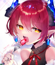 Rule 34 | 1girl, artist name, aya (aya op10s), black shirt, demon girl, earrings, fangs, feather boa, fork, gem, hair between eyes, highres, holding, holding fork, horns, jewelry, looking at viewer, multiple rings, neck ribbon, open mouth, original, pointy ears, red hair, red neckwear, ribbon, ring, shirt, simple background, sleeveless, sleeveless shirt, white background, yellow eyes