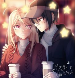 Rule 34 | 1boy, 1girl, ahoge, akamatsu kaede, alternate costume, black jacket, blurry, blurry background, blurry foreground, blush, brown eyes, brown headwear, cheer (cheerpuppy14), couple, cup, danganronpa (series), danganronpa v3: killing harmony, disposable cup, fortissimo, grin, hair ornament, hetero, highres, holding, holding cup, jacket, long hair, merry christmas, musical note, musical note hair ornament, open clothes, open jacket, pink eyes, red sweater, saihara shuichi, smile, star (symbol), sweater, teeth, upper body