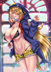 Rule 34 | 1girl, alternate breast size, asymmetrical breasts, bikini, bikini pull, black bikini, blonde hair, blurry, blurry background, blush, breasts, character hood, cleavage, clothes pull, collarbone, commentary request, covered erect nipples, cowboy shot, creatures (company), cutoffs, cynthia (pokemon), fake tail, front-tie bikini top, front-tie top, game freak, garchomp, gen 4 pokemon, groin, hair between eyes, hair ornament, hair over one eye, hand up, highres, hood, hood up, hooded jacket, jacket, large breasts, long hair, long sleeves, looking at viewer, nail polish, navel, nintendo, open clothes, open jacket, open shorts, parted lips, pokemon, pokemon (creature), pokemon dppt, pulled by self, purple jacket, short shorts, shorts, sidelocks, signature, skindentation, smile, solo, standing, stomach, swimsuit, tail, takecha, underboob, unzipped, very long hair, white nails, window, yellow eyes, yellow shorts, zipper pull tab
