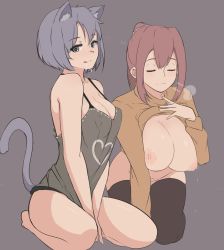 Rule 34 | 2girls, :p, animal ears, breasts, breasts out, cat ears, cat girl, cat tail, covered erect nipples, folait, grey hair, heart, highres, lactation, large breasts, multiple girls, nipples, original, red hair, short hair, tail, thick thighs, thighhighs, thighs, tongue, tongue out