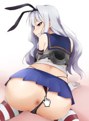 Rule 34 | 1girl, animal ears, anus, anus only, ass, clothing aside, cosplay, crossover, cursor, fake animal ears, from behind, gloves, grey hair, hairband, idolmaster, idolmaster (classic), kaiga, kantai collection, long hair, looking back, panties, panties aside, purple eyes, rabbit ears, shijou takane, shimakaze (kancolle), shimakaze (kancolle) (cosplay), skirt, solo, striped clothes, striped thighhighs, thighhighs, uncensored, underwear