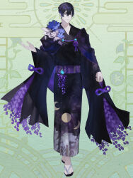Rule 34 | 1boy, ame tyaya, atarayoru toujiro, black cape, black kimono, blue flower, blue gemstone, cape, clenched hand, closed mouth, crescent print, dairoku ryouhei, feather trim, flower, flower ornament, flower trim, full body, gem, green background, grey eyes, hair between eyes, hair pulled back, highres, japanese clothes, kimono, long sleeves, looking at viewer, moon print, open hand, outstretched hand, purple hair, purple ribbon, purple sash, ribbon, sandals, sash, short hair, smile, solo, standing, tree print, white flower, wide sleeves, wisteria, yukata, zouri
