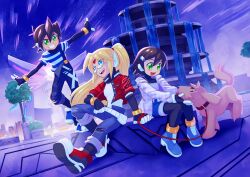 Rule 34 | 1girl, 2boys, absurdres, aile (mega man zx), alternate costume, alternate hairstyle, android, animal collar, black bodysuit, blonde hair, blue eyes, blue footwear, blue overalls, blue pants, blue shirt, blush, bodysuit, bodysuit under clothes, brown hair, camisole, collar, commission, cropped jacket, denim, denim shorts, dog, drawloverlala, facial mark, forehead mark, fountain, girouette (mega man), glasses, green eyes, hair ornament, high ponytail, highres, jacket, jeans, long hair, mega man (series), mega man zx, multiple boys, open clothes, open jacket, open mouth, outdoors, outstretched arms, overalls, pants, petting, red collar, red footwear, red jacket, robot ears, shirt, shoes, short hair, shorts, smile, smirk, spaghetti strap, spiked hair, spread arms, striped clothes, striped shirt, tongue, tree, vent (mega man), water, white camisole, white shirt