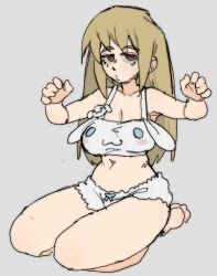 Rule 34 | 1girl, arms up, barefoot, blonde hair, breasts, cinnamoroll, cleavage, expressionless, full body, grey background, jitome, large breasts, medium breasts, navel, original, pantsu-ripper, pursed lips, red eyes, sanrio, seiza, sitting, solo, thick thighs, thighs, underwear