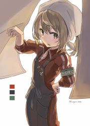 Rule 34 | 1girl, alternate costume, alternate hairstyle, anchor symbol, apron, armband, bandana, black apron, brown eyes, commentary request, feet out of frame, green armband, hand on own hip, jacket, kantai collection, light brown hair, looking at viewer, michishio (kancolle), noren, pants, red jacket, red pants, simple background, solo, standing, sugue tettou, track jacket, track pants, track suit, twitter username, white background