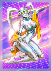 Rule 34 | 1girl, adapted costume, breasts, completely nude, cosplay, duraludon, duraludon (cosplay), gen 8 pokemon, genzoman, grid, highres, kneeling, large breasts, legs together, mechanical parts, mechanization, nude, orange shawl, rainbow mika, robot, shawl, solo, street fighter, synthwave, towel, twintails