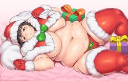 Rule 34 | 1girl, bell, bell panties, blush, bow, box, breasts, brown hair, cameltoe, christmas, cleft of venus, commentary request, fat, feet out of frame, fur-trimmed gloves, fur-trimmed headwear, fur trim, gift, gift box, gloves, green bow, hat, huge breasts, itou yukino, looking at viewer, lying, medium hair, navel, on back, orange bow, orizen, parted lips, pillow, pink background, pink carpet, real drive, red gloves, red thighhighs, santa costume, santa hat, solo, tareme, thick arms, thick thighs, thighhighs, thighs, yellow bow