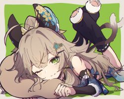 Rule 34 | 1girl, absurdres, ahoge, aitekku, animal ears, black leg warmers, blue kimono, border, cat ears, cat feet, cat girl, cat tail, commentary, detached sleeves, ear covers, feet up, full body, genshin impact, green background, green eyes, hair ornament, hairclip, highres, japanese clothes, kimono, kirara (genshin impact), leg warmers, light brown hair, looking at viewer, lying, multiple tails, on stomach, one eye closed, pillow, ponytail, simple background, smile, solo, tail, two tails, x hair ornament