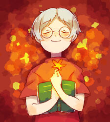 Rule 34 | 1boy, book, closed eyes, closed mouth, facing viewer, freckles, grey hair, holding, holding leaf, leaf, lloyd (mother), lying, male focus, mother (game), mother 1, nintendo, on back, open book, red background, red shirt, round eyewear, shifumame, shirt, short hair, short sleeves, smile, solo