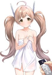 Rule 34 | 1girl, 1other, absurdres, ahoge, b1ack illust, blush, breasts, brown hair, collarbone, controller, hakozaki serika, headgear, highres, holding, holding remote control, idolmaster, idolmaster million live!, long hair, looking at viewer, naked towel, petite, pov, pov hands, remote control, simple background, small breasts, towel, twintails, very long hair, water drop, wet towel, white background