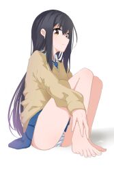 Rule 34 | 1girl, anho, artist name, bare legs, barefoot, black hair, blue necktie, blue panties, closed mouth, expressionless, female focus, from below, from side, full body, gradient hair, hand on own leg, knees up, legs together, long hair, long sleeves, looking at viewer, looking down, looking to the side, mieruko-chan, multicolored hair, necktie, panties, pantyshot, petite, purple hair, school uniform, shadow, shirt, simple background, sitting, skirt, solo, striped clothes, striped panties, sweater, two-tone hair, two-tone panties, underwear, white background, white panties, white shirt, yellow eyes, yellow sweater, yotsuya miko