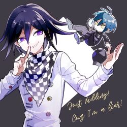 Rule 34 | 1202 koge, 2boys, ahoge, arm belt, baseball cap, belt, black background, black hat, black jacket, black pants, black scarf, black sleeves, blue hair, buttons, checkered clothes, checkered scarf, chibi, clenched hand, collared jacket, colored tips, commentary request, danganronpa (series), danganronpa v3: killing harmony, diamond (shape), double-breasted, english text, evil smile, finger to mouth, fingernails, grey footwear, hair between eyes, hat, hat loss, high collar, holding, holding magnifying glass, jacket, layered sleeves, long sleeves, magnifying glass, male focus, multicolored buttons, multicolored hair, multiple boys, oma kokichi, outline, outstretched arm, pants, pinstripe jacket, pinstripe pants, pinstripe pattern, pinstripe sleeves, purple eyes, purple hair, saihara shuichi, scarf, shoes, short hair, simple background, smile, two-tone scarf, upper body, white belt, white jacket, white outline, white scarf, white sleeves, yellow eyes