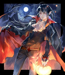 Rule 34 | 1boy, ahoge, black cape, black hair, cape, closed mouth, cloud, cloudy sky, gloves, holding, holding lantern, kyouichi, lantern, long hair, male focus, moon, moonlight, night, night sky, original, outdoors, pointy ears, red cape, red eyes, sky, solo, tree, vampire, white gloves